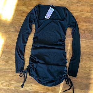 Boohoo black ruched side ribbed long sleeve dress